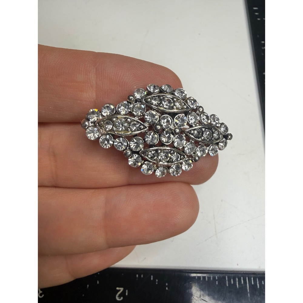 Lee Angel Silver Tone Clear Rhinestone Art Deco Geometric Brooch Pin